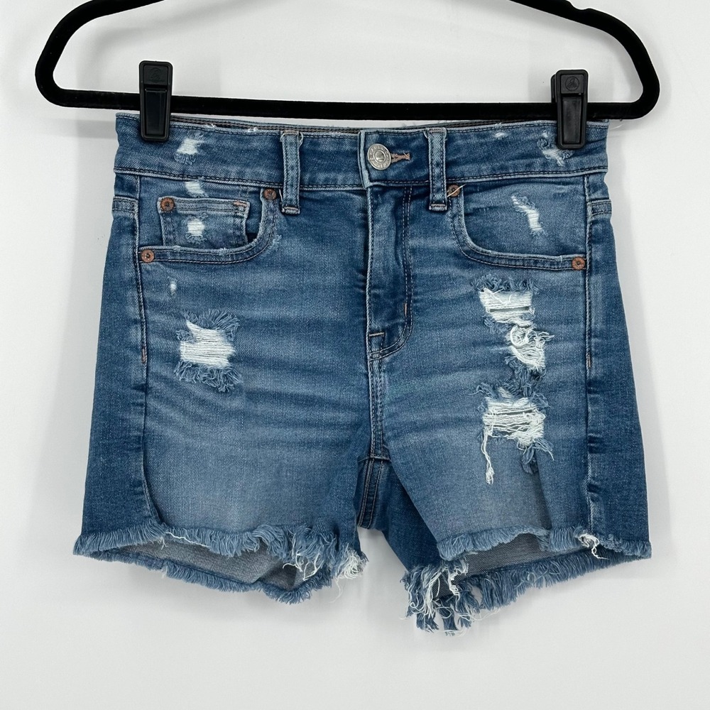 American Eagle Hi Rise Shortie Super Stretch Distressed‎ Denim Blue Shorts 2